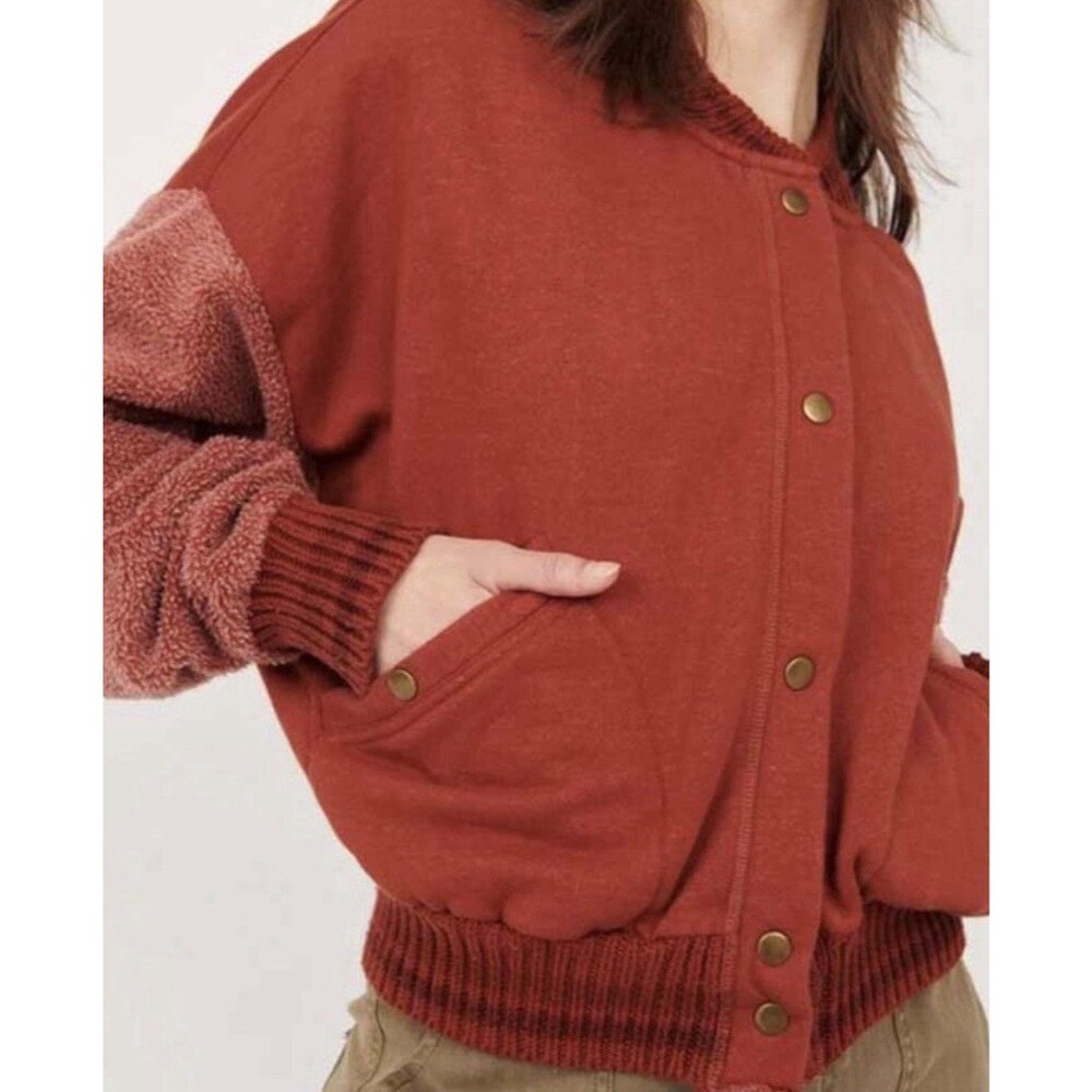 Free People Hollaback Bomber Jacket Snap Front Orange Spiced Brandy Sherpa Large - Picture 2 of 16